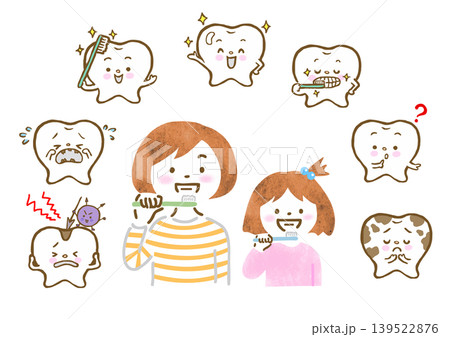 歯磨きをする母親と娘と歯のキャラクターのイラストセット 139522876