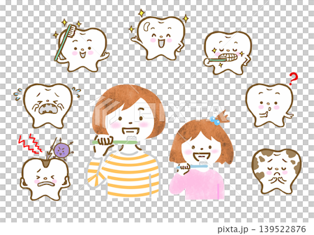 歯磨きをする母親と娘と歯のキャラクターのイラストセット 139522876