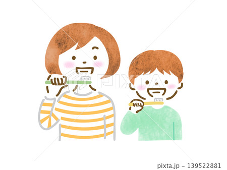 歯磨きをしている母親と息子のイラスト 歯磨きをしている母親と息子のイラスト 139522881
