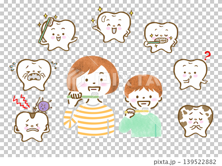歯磨きをする母親と息子と歯のキャラクターのイラストセット 歯磨きをする母親と息子と歯のキャラクターのイラストセット 139522882