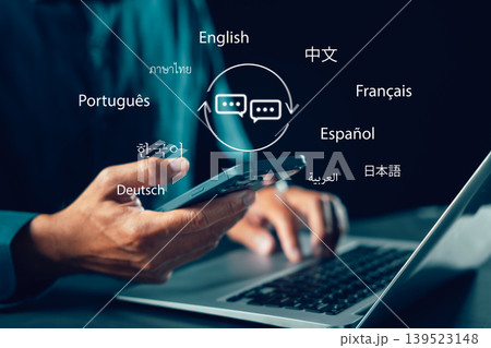 Language translator app education concept person using translation, foreign language course and elearning on laptop and smartphone for global communication, studying international tongues 139523148