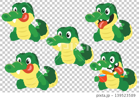 一組描繪各種表情的鱷魚毛絨玩具的插圖。 139523589