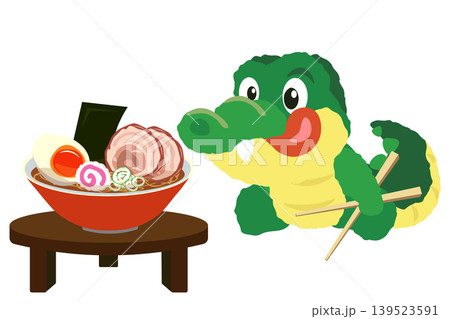 ちゃぶ台の上のラーメンを狙う、ワニのぬいぐるみのイラスト ちゃぶ台の上のラーメンを狙う、ワニのぬいぐるみのイラスト 139523591