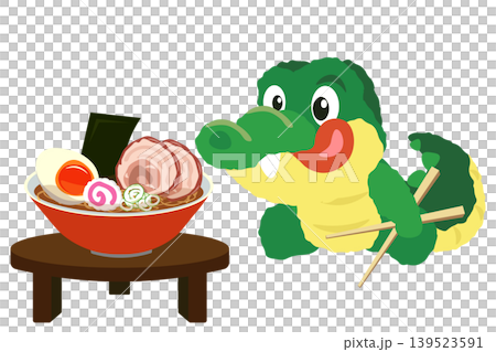 ちゃぶ台の上のラーメンを狙う、ワニのぬいぐるみのイラスト ちゃぶ台の上のラーメンを狙う、ワニのぬいぐるみのイラスト 139523591