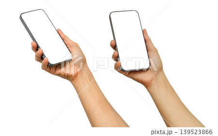 Asian woman holding smartphone isolated on white background. Asian woman holding smartphone isolated on white background. 139523866