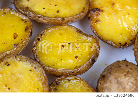 Simple potato display. Bright lighting highlights textures. Clean background enhances potato visuals. Minimalist setup emphasizes features of roasted baby potatoes 139524696
