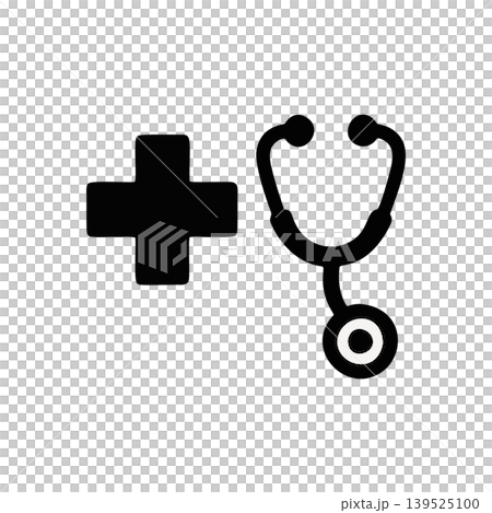 Black Silhouette Medical Cross and Stethoscope Icon Symbol for Healthcare Profession 139525100