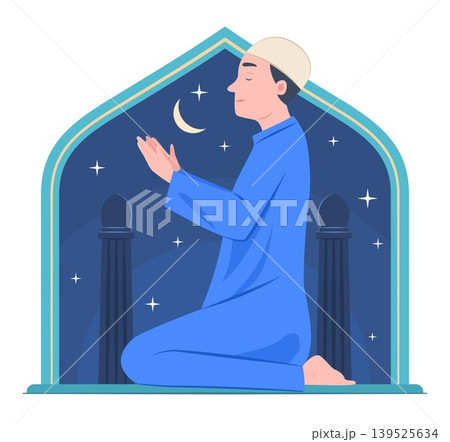 Muslim Man Praying to the God in Mosque on Nighttime for Islamic Religious Ritual Concept Illustration Clip Art Muslim Man Praying to the God in Mosque on Nighttime for Islamic Religious Ritual Concept Illustration Clip Art 139525634