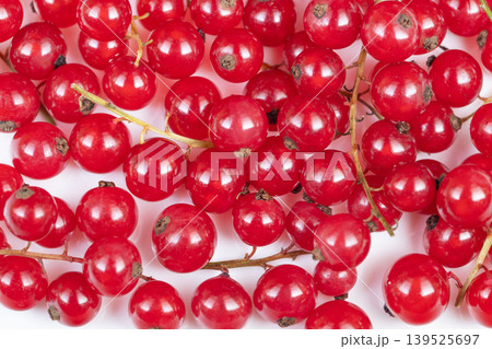 Studio shot capturing intense color and texture of red currants. Detailed still life showcasing glossy red currant stems with blurred background to suggest culinary uses Studio shot capturing intense color and texture of red currants. Detailed still life showcasing glossy red currant stems with blurred background to suggest culinary uses 139525697
