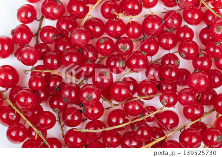 Closeup red currant clusters glistening on stems, tight crop reveals glossy skin and tiny stems, studio lighting, crisp white background, ingredient for jam and pastry Closeup red currant clusters glistening on stems, tight crop reveals glossy skin and tiny stems, studio lighting, crisp white background, ingredient for jam and pastry 139525730
