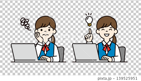 Vector illustration of the upper body of a female office worker in uniform sitting in front of a computer and proposing a solution. Vector illustration of the upper body of a female office worker in uniform sitting in front of a computer and proposing a solution. 139525951
