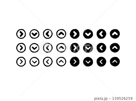 手描きの円で囲まれた、くの字（角丸）の矢印のアイコンセット 139526259