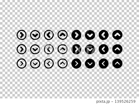 手描きの円で囲まれた、くの字（角丸）の矢印のアイコンセット 139526259