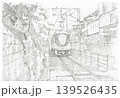 Local Japanese train passing through narrow residential street pencil drawing Local Japanese train passing through narrow residential street pencil drawing 139526435