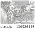 Local Japanese train passing through narrow residential neighborhood street pencil sketch Local Japanese train passing through narrow residential neighborhood street pencil sketch 139526436