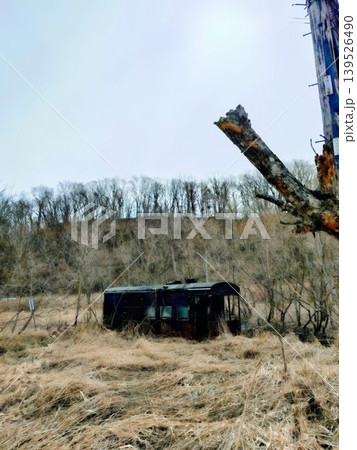 枯れ草が広がる野原に放置された、黒い廃車の残骸 枯れ草が広がる野原に放置された、黒い廃車の残骸 139526490