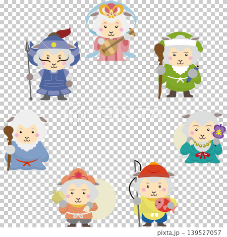 A set of Japanese-style frame materials featuring sheep characters representing the Seven Lucky Gods. A set of Japanese-style frame materials featuring sheep characters representing the Seven Lucky Gods. 139527057