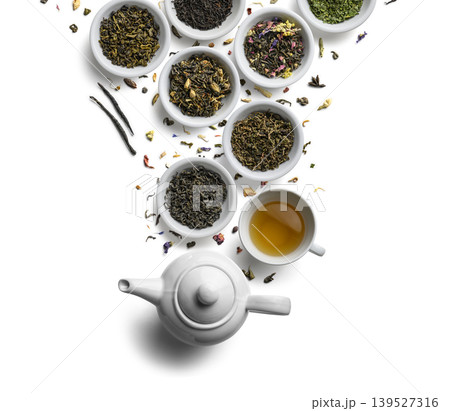 Exclusive design of the tea assortment. Top view on a white background 139527316