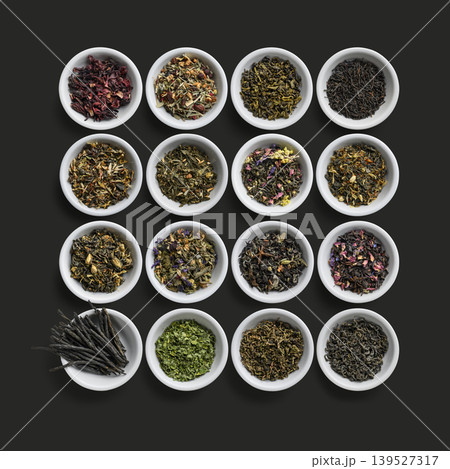 Large assortment of tea on a dark background 139527317