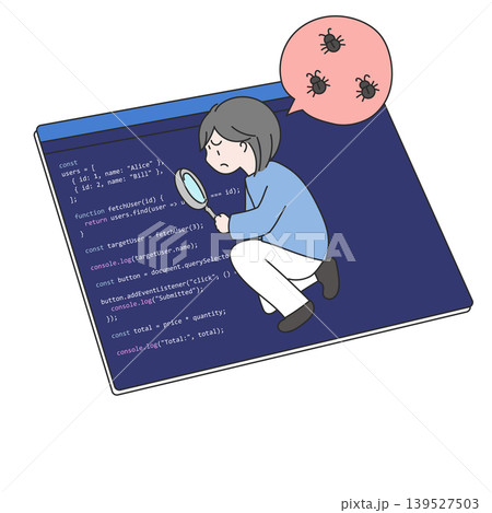 コードを虫眼鏡で調査しながら、バグやエラーの原因を探しているエンジニアを表現したイラスト コードを虫眼鏡で調査しながら、バグやエラーの原因を探しているエンジニアを表現したイラスト 139527503
