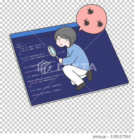 An illustration depicting an engineer examining code with a magnifying glass, searching for the cause of bugs and errors. An illustration depicting an engineer examining code with a magnifying glass, searching for the cause of bugs and errors. 139527503