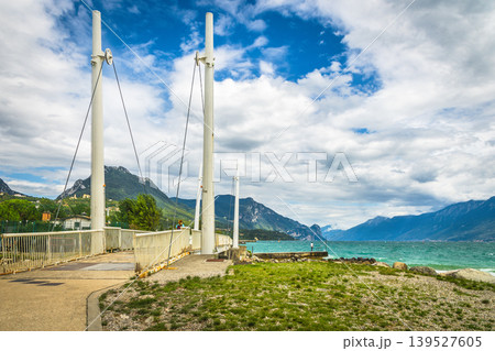 Picturesque walkway and pedestrian bridge, Lake Garda, Italy 139527605