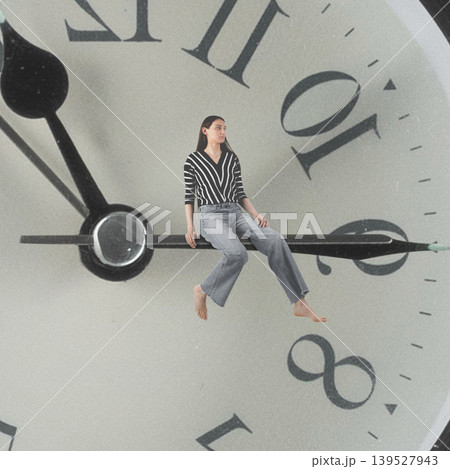 Woman sitting on clock hand losing concept of time 139527943