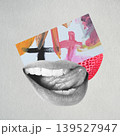 Black and white lips licking tongue with strawberry and abstract collage 139527947