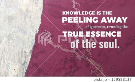 Inspirational typography layout featuring the quote Knowledge is the peeling away of ignorance, revealing the true essence of the soul. Horizontal poster design shows bold white text over a weathered Inspirational typography layout featuring the quote Knowledge is the peeling away of ignorance, revealing the true essence of the soul. Horizontal poster design shows bold white text over a weathered 139528137