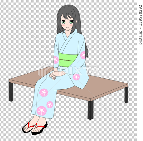 縁台に座る浴衣姿の女性 139528292