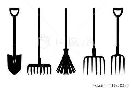 Set of black silhouettes featuring essential garden tools: a shovel, rake, broom, pitchfork, and garden fork. Isolated on a white background, these icons represent manual labor, farming, and yard work 139528886