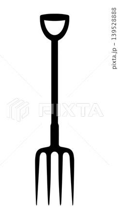 Black silhouette of a garden digging fork with a D grip handle, isolated on a white background. Ideal for gardening, farming, and landscaping themes. Vector illustration 139528888