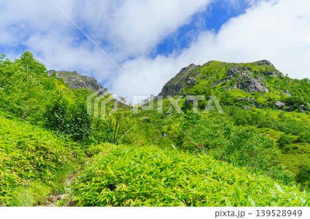 焼岳登山道から望む北アルプスの岩峰と霧に包まれた山岳風景 139528949