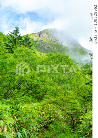 焼岳登山道から望む北アルプスの岩峰と霧に包まれた山岳風景 139528962