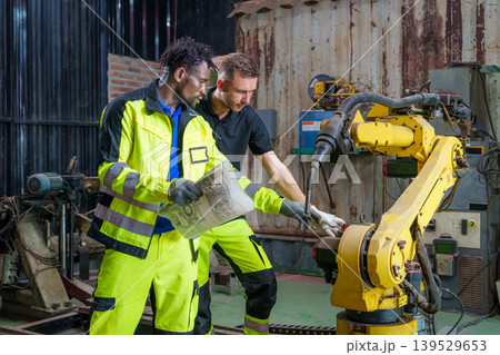 Black Male 20-30s and White Male 30-40s Engineers Reviewing Blueprints for Robotic Arm Automation Black Male 20-30s and White Male 30-40s Engineers Reviewing Blueprints for Robotic Arm Automation 139529653