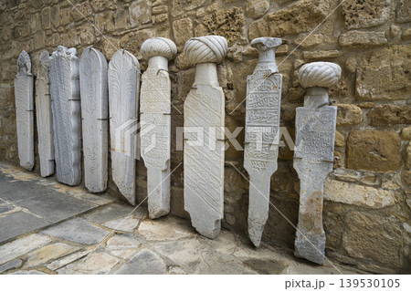 some stone steles with ancient inscriptions from the inner courtyard of the castle of Larnaka, Cyprus some stone steles with ancient inscriptions from the inner courtyard of the castle of Larnaka, Cyprus 139530105