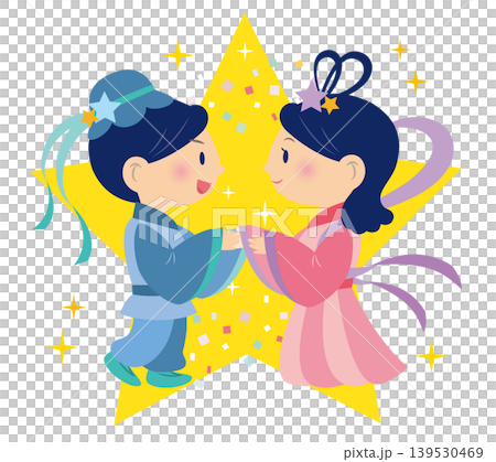 一幅描繪織姬和牛郎重逢時歡欣雀躍的插圖。 139530469