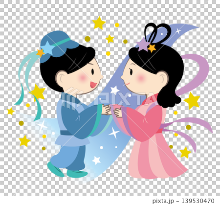 An illustration of Orihime and Hikoboshi rejoicing at their reunion. An illustration of Orihime and Hikoboshi rejoicing at their reunion. 139530470