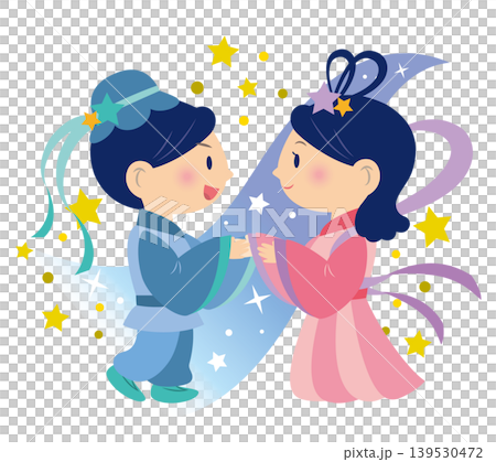 一幅描繪織姬和牛郎重逢時歡欣雀躍的插圖。 139530472