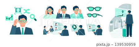 AIグラスを活用する男女ビジネスマンのイラストセット 翻訳やデータ分析など最新ビジネスシーン 139530959