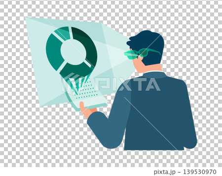 An illustration of a man analyzing and visualizing document data using AI glasses. Rapid decision-making and data utilization through graph display. An illustration of a man analyzing and visualizing document data using AI glasses. Rapid decision-making and data utilization through graph display. 139530970