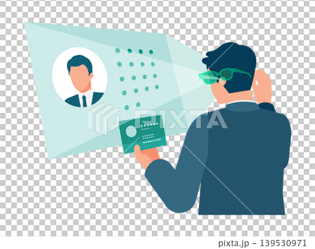 圖示：一名男子在交換名片時透過人工智慧眼鏡獲取客戶資訊；CRM整合和人員分析以支援銷售活動。 139530971