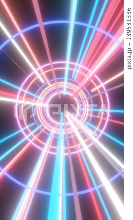 Neon sci-fi tunnel with glowing rings and colorful light beams in pink and blue, creating a fast futuristic portal effect for tech and motion backgrounds 139531336