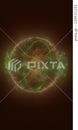 Abstract green and orange energy circle with glowing plasma lines on a dark atmospheric background. Abstract green and orange energy circle with glowing plasma lines on a dark atmospheric background. 139531355