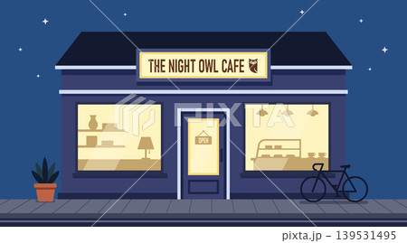Cozy Night Cafe Storefront.Modern Coffee Shop Exterior at Night Flat Design 139531495