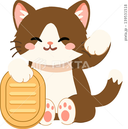 Cute brown and white lucky cat holding a gold coin. Maneki Neko Lucky Cat 139531518