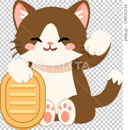 Cute brown and white lucky cat holding a gold coin. Maneki Neko Lucky Cat 139531518