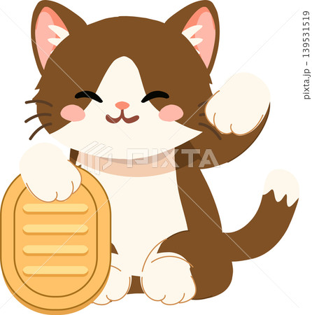 cute brown lucky cat waving and holding a gold coin cute brown lucky cat waving and holding a gold coin 139531519