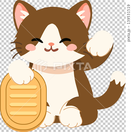 cute brown lucky cat waving and holding a gold coin cute brown lucky cat waving and holding a gold coin 139531519