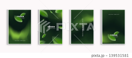 Set of green technology design templates with realistic 3D flying leaves on dark green blurred gradient background. Eco-friendly poster, flyer, brochure cover, sustainability and nature concept. Set of green technology design templates with realistic 3D flying leaves on dark green blurred gradient background. Eco-friendly poster, flyer, brochure cover, sustainability and nature concept. 139531581